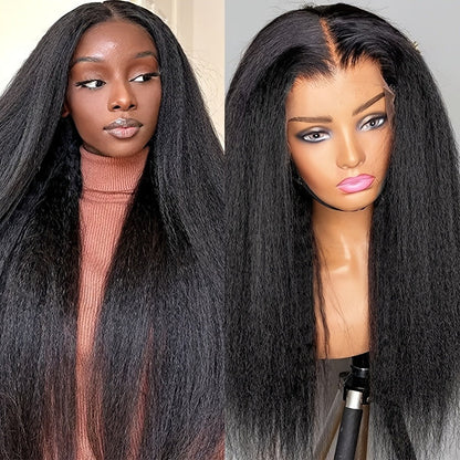 Synthetic Wig 26-Inch Black Kinky-Straight Yaki with HD Lace Front, Glueless Cap and 160°C Fiber