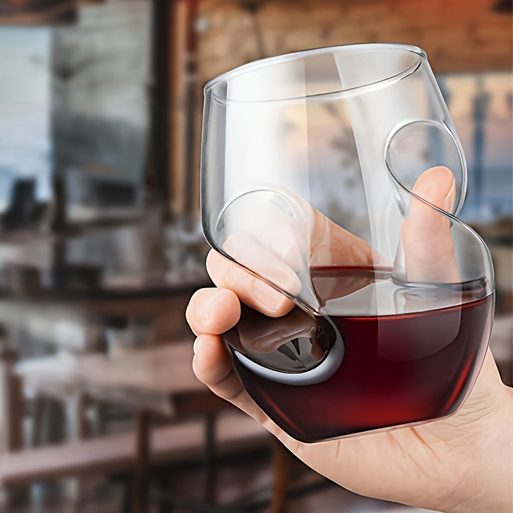 Curved Stemless Drinking Glasses, Two-Piece Clear Set with Sculpted Side Grips and 4.72-Inch Height