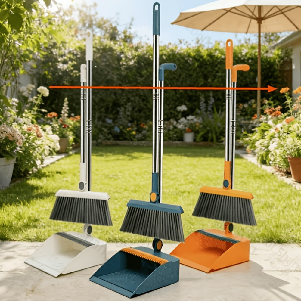 Magnetic Broom and Dustpan Set with Rotating Head, Long Handle and Bag Holder in White or Orange