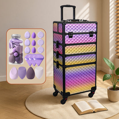 Rolling Makeup Train Case 4-in-1 Large Portable Cosmetic Trolley with 360 Degree Swivel Wheels Beauty Sponge Included Professional Salon Travel Organizer Gradient Purple Rose Gold