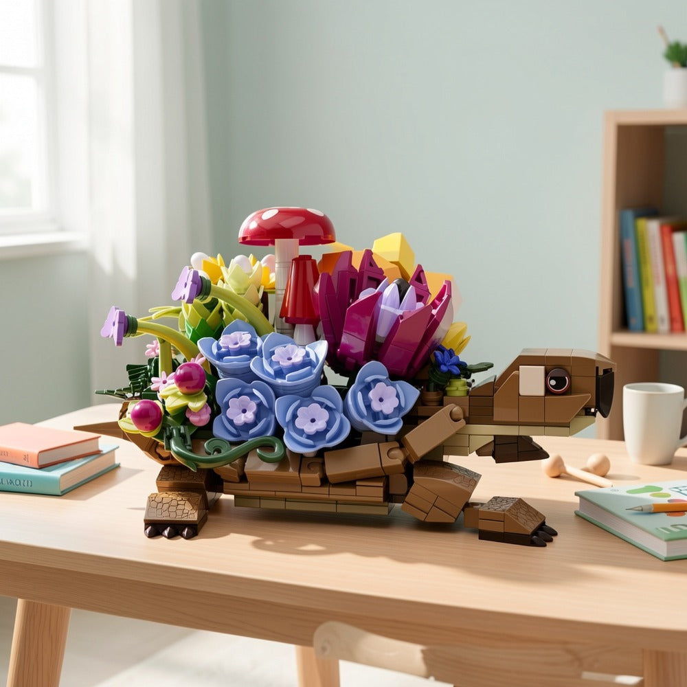 Turtle Flower Planter Building Block Set with 510 Pieces and 7.2-Inch Display Base for Adult Desk and Shelf Decor