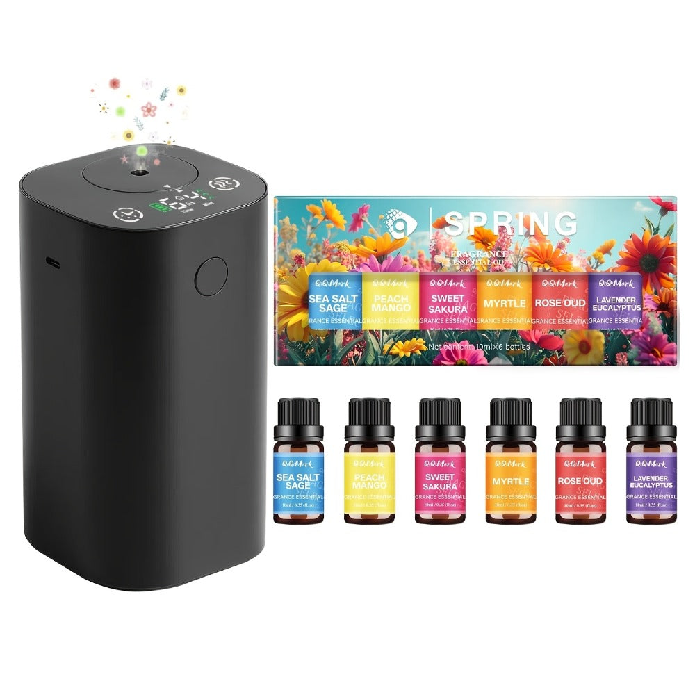 Waterless Essential Oil Diffuser Nebulizer – 4 Mist Levels, 1/2/3/4/6H Timer, Auto-Off, Battery Operated Mini Scent Machine for Home Car Bedroom Hotel, Essential Oil Bundles (Silver & Black)