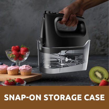 Six-Speed Electric Hand Mixer, 250 W with Five Stainless Steel Attachments and Storage Case in Three Colors