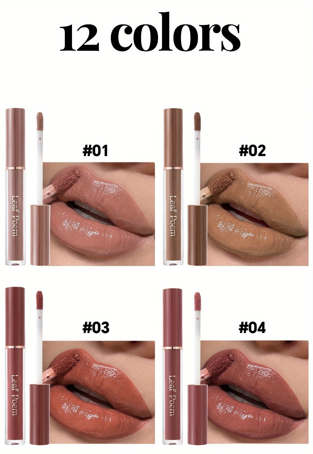 Lip Gloss Set by Leaf Poem with 12 Mixed Lip Colors, Slim Tube Applicators and Presentation Box