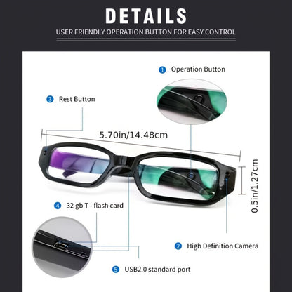 Camera Glasses 1080P HD Spy Hidden Wearable Video Recorder – TF Card 32GB/64GB, No Driver Plug & Play USB, Hands-Free POV Recording for Sports Outdoor Meeting Travel | Unique Tech Gift for Men