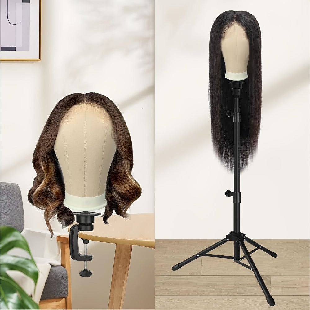 Canvas Mannequin Head Sets in 21, 22, 23 or 24 Inch Options with Table Clamp, Pins and Wig Caps