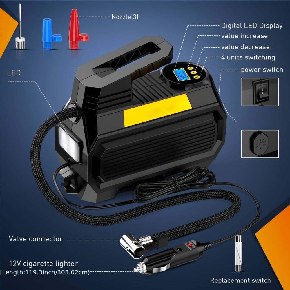 12V Portable Tire Inflator with 150 PSI Source Rating, Digital Display, LED and Nozzle Set