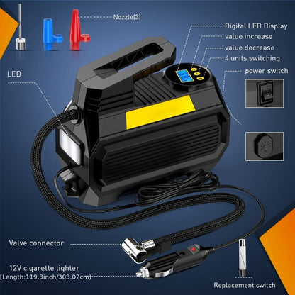 12V Portable Tire Inflator with 150 PSI Source Rating, Digital Display, LED and Nozzle Set