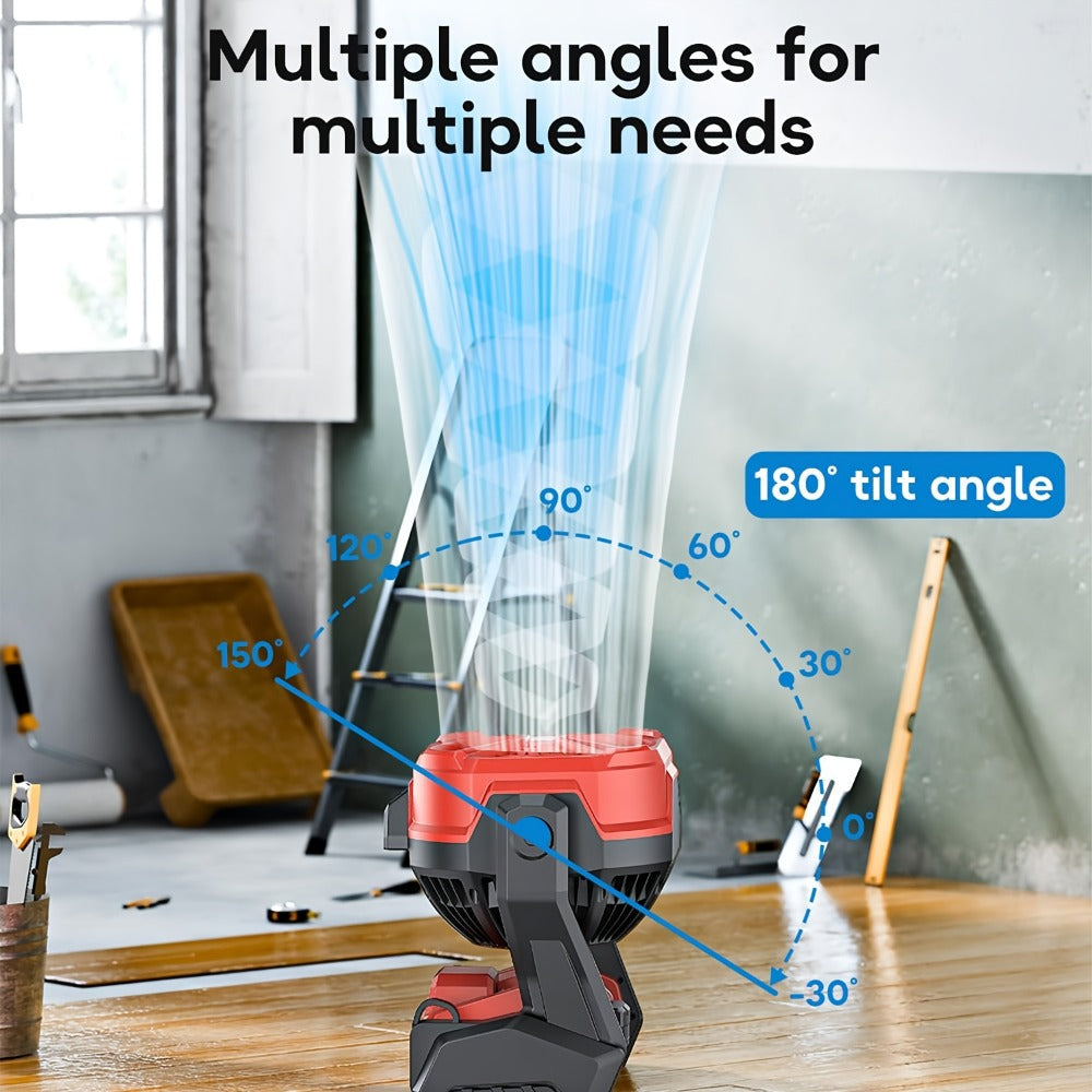 Red Cordless Work Fan for Select Milwaukee M18 Batteries with LED Light, Hanging Hook and Adjustable Tilt, Battery Not Included