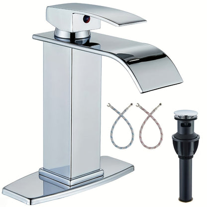 Single-Handle Waterfall Bathroom Faucet with Deck Plate, Drain Options and Single or Two-Piece Finishes