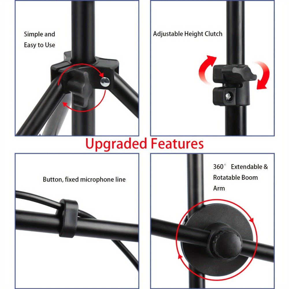 Adjustable Tripod Microphone Stand with Boom Arm Floor Mount Metal Mic Stand Dual Mic Clips Phone Holder for Live Performance Wedding Stage Karaoke Streaming