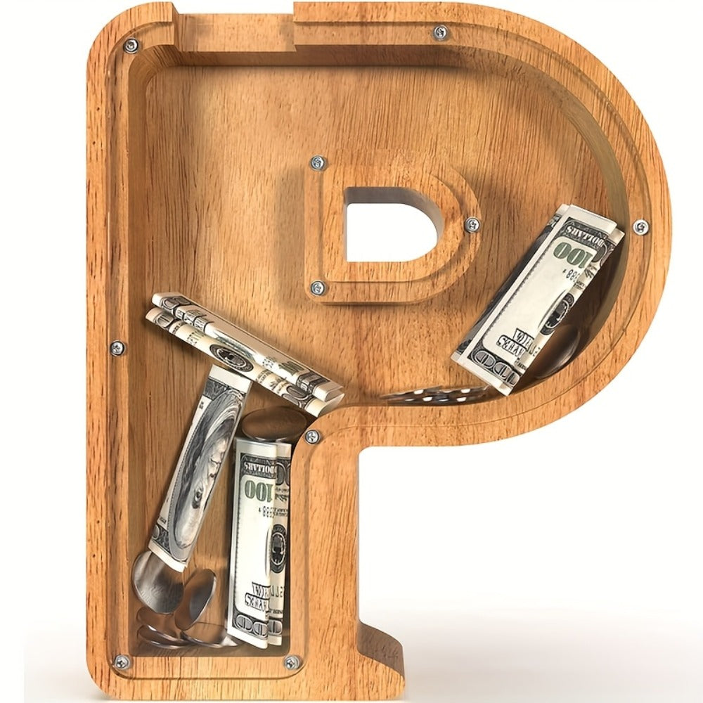 Wooden Alphabet Letter Coin Bank with Clear Front Panel and 23 Fixed Initial Options for Display