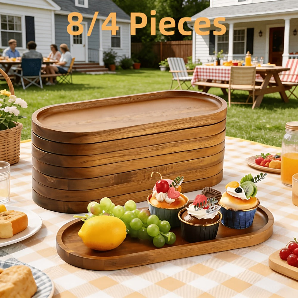 Wood Serving Tray Set with Eight Oval Trays or Four Rectangular Trays and Raised Edge Design