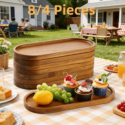 Wood Serving Tray Set with Eight Oval Trays or Four Rectangular Trays and Raised Edge Design