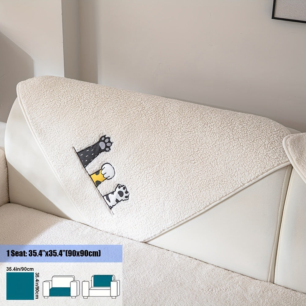Sofa Cover, Sherpa Plush Cat-Paw Embroidered Seat Pad with Non-Slip Backing in Four Colors and Seven Sizes