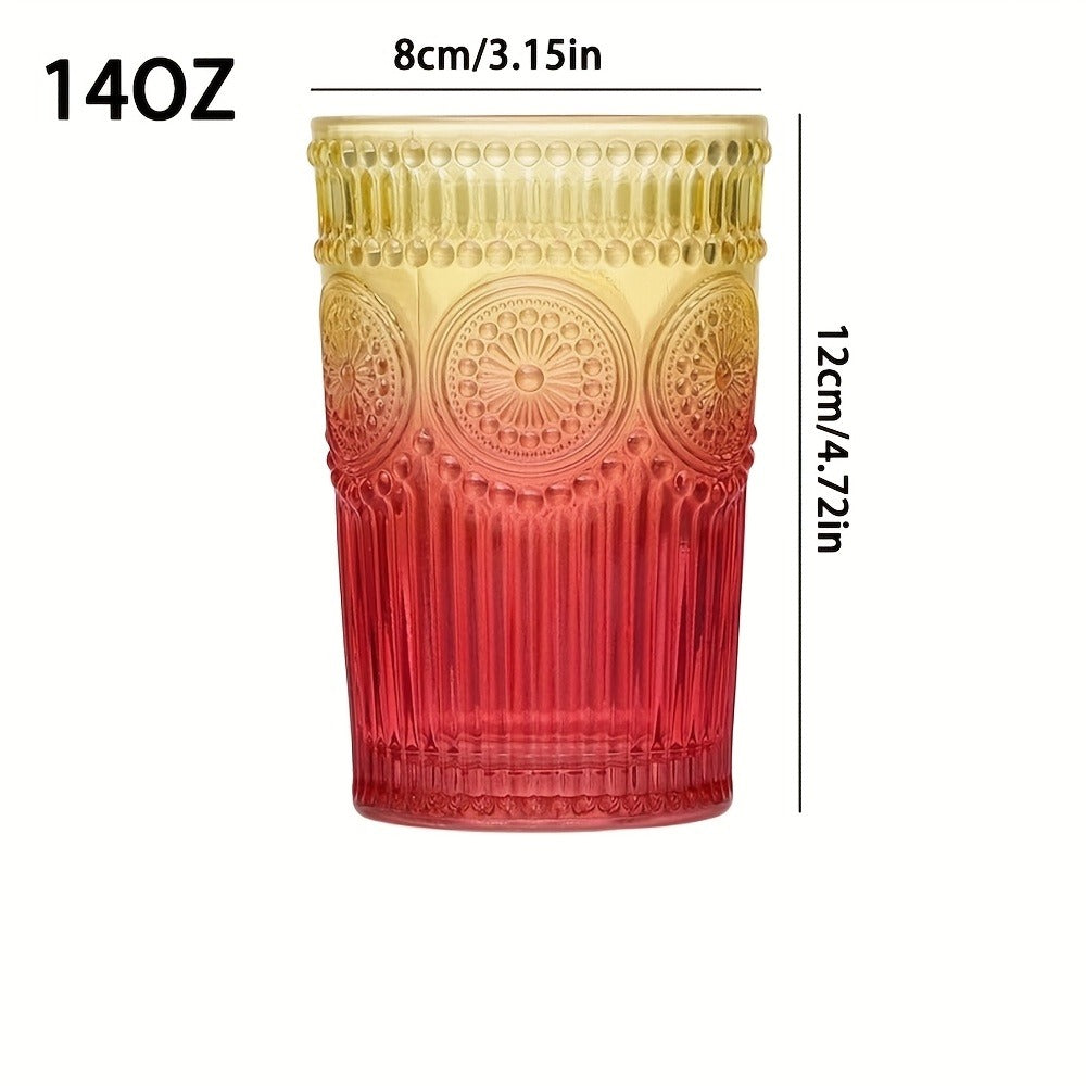 Vintage Embossed Drinking Glasses, Six-Piece 14-Ounce Tumbler Set in Six Gradient Colors for Table Settings