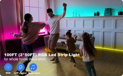RGB Smart IC LED Strip Light Kit, 25ft to 200ft with App, Handheld Remote, Music Mode and Five Length Options