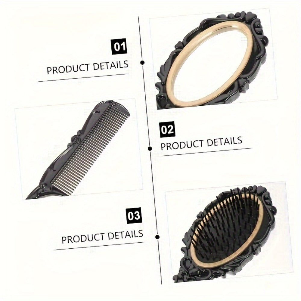 Retro Hair Comb Set with Mirror Scalp Massage Hairbrush Pocket Mirror Vintage Vanity Brush Set for Women Girls Travel Daily Grooming Makeup Gift Black