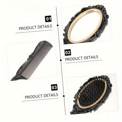 Retro Hair Comb Set with Mirror Scalp Massage Hairbrush Pocket Mirror Vintage Vanity Brush Set for Women Girls Travel Daily Grooming Makeup Gift Black
