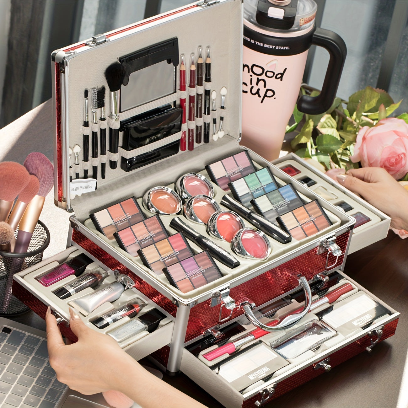 Professional Makeup Kit with Aluminum Travel Case & Mirror – Full Set Eyeshadow Blush Lipstick Foundation Eyeliner Mascara & Brushes, Gift for Women Girls Beginners, Silver & Red