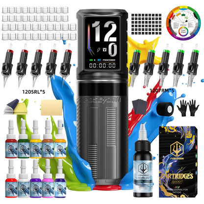 Wireless Tattoo Pen Machine Kit LED Color Screen 2300mAh Battery — Rotary Tattoo Gun with 10 Cartridge Needles 11 Inks Aluminum Alloy Pen Complete Beginner & Artist Tattoo Kit BT29