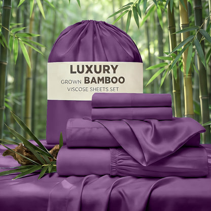 Bed Sheet Set 4-Piece Bamboo-Derived Rayon with Deep-Pocket Fitted Sheet in Twin, Full, Queen and King Sizes