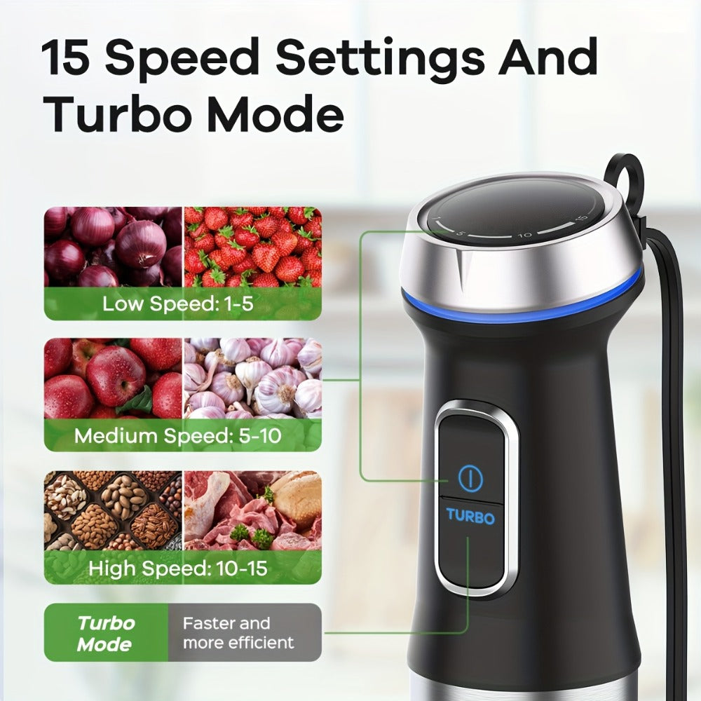 Seven-in-One Immersion Blender Set with 15 Speed Settings, Turbo Control, Chopper, Beaker and Whisks