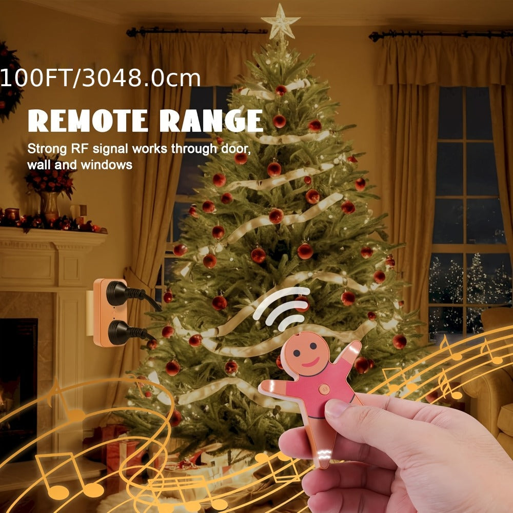 Christmas Tree Remote Control Socket with Built-in Music Function – Wireless 100-Foot Range Outlet Switch for Holiday Lights & Decorations, Gingerbread Design, Easy Plug-In Setup