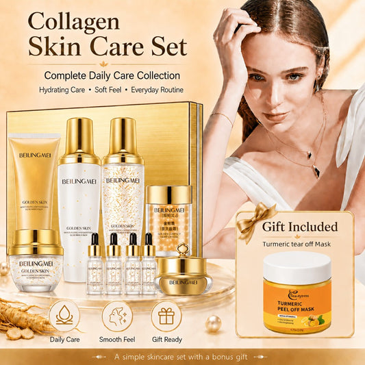 Skincare Gift Set for Women 9pcs Golden Luxury Kit — Niacinamide Collagen Hyaluronic Acid Moisturizing Firming Daily Facial Care Premium Birthday Holiday Gift