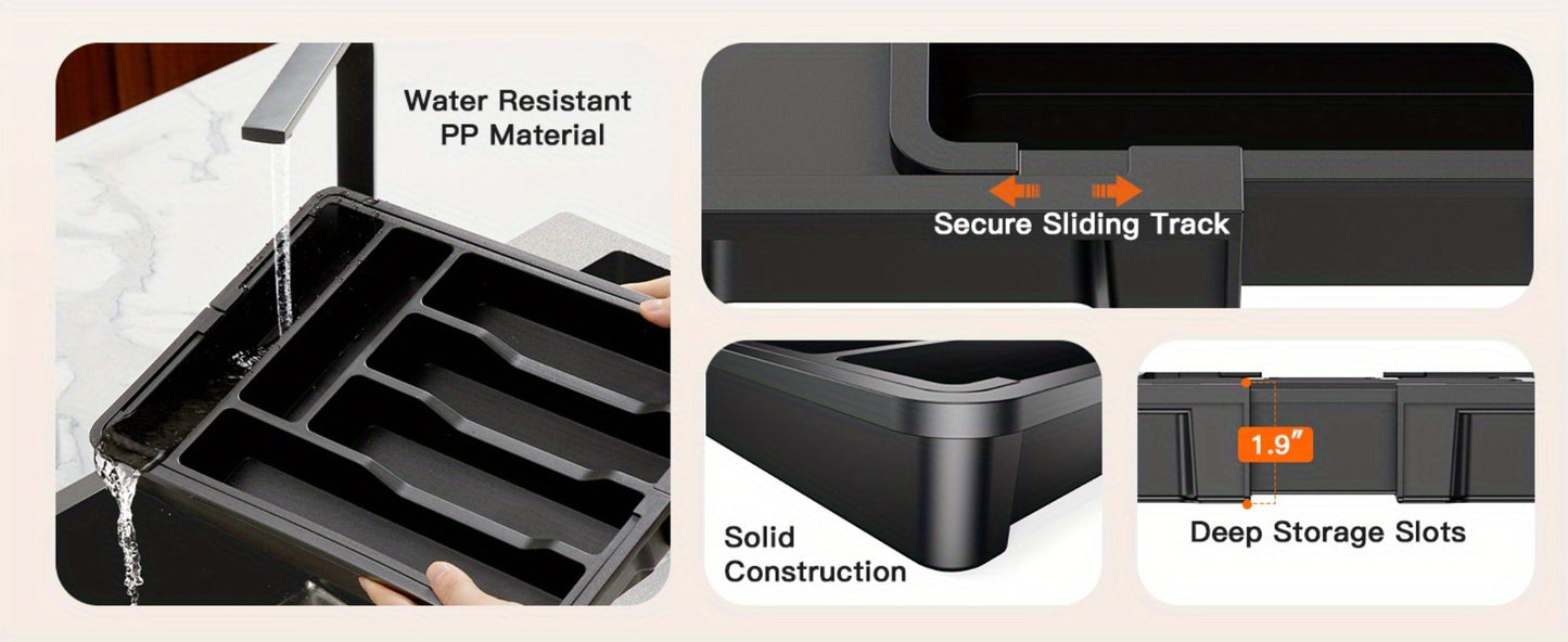 Expandable Cutlery Tray Drawer Organizer Adjustable Silverware Holder with Labels | Kitchen Drawer Organizer for Knives Forks Spoons Utensils | Bamboo & Black Drawer Divider for Kitchen Bedroom Office