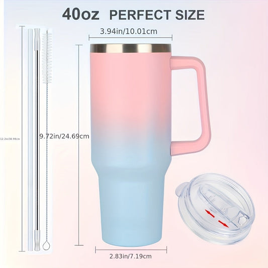Insulated Tumbler 40 Oz with Carry Bag & Handle – Stainless Steel Thermos with Straw & Spout Lid – Ice Compatible Gym Water Bottle & Travel Mug – Pink Blue Gradient Gift for Women & Teens