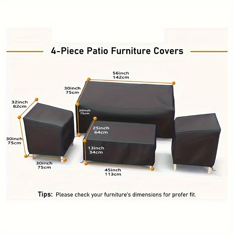 Four-Piece Black Patio Furniture Cover Set for Loveseat, Two Chairs and Coffee Table with Listed Dimensions