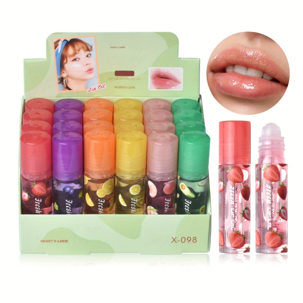 Lip Balm 24-Piece Roller Ball Set with Six Fruit Flavors, Clear Finish and Display Box Packaging