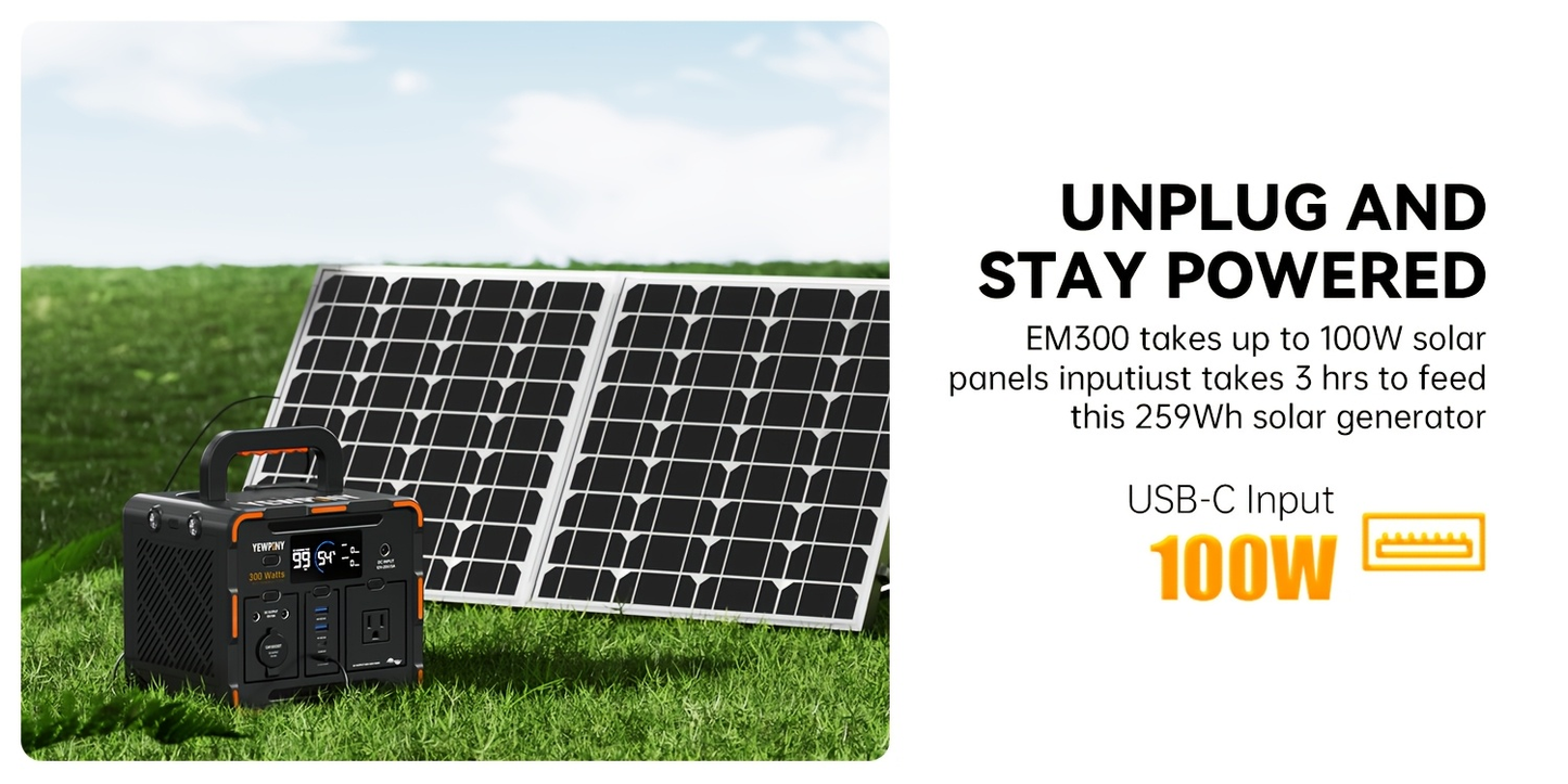 Portable Power Station 259Wh 300W or 599Wh 600W with AC, DC, USB, LiFePO4 Cell Pack and LED Light