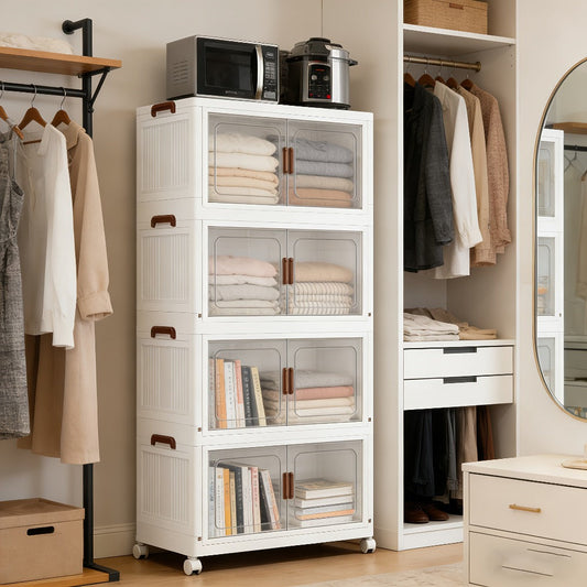 Storage Cabinet Collapsible Modular Locker with Magnetic Doors, Wheels and One to Five Layers