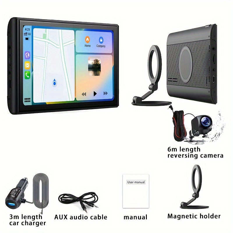 Portable Car GPS Navigation 8" - Wireless CarPlay & Android Auto, HD Touchscreen, Magnetic Mount, Mirror Link, FM Radio, AUX/USB/TF, Backup Camera Included