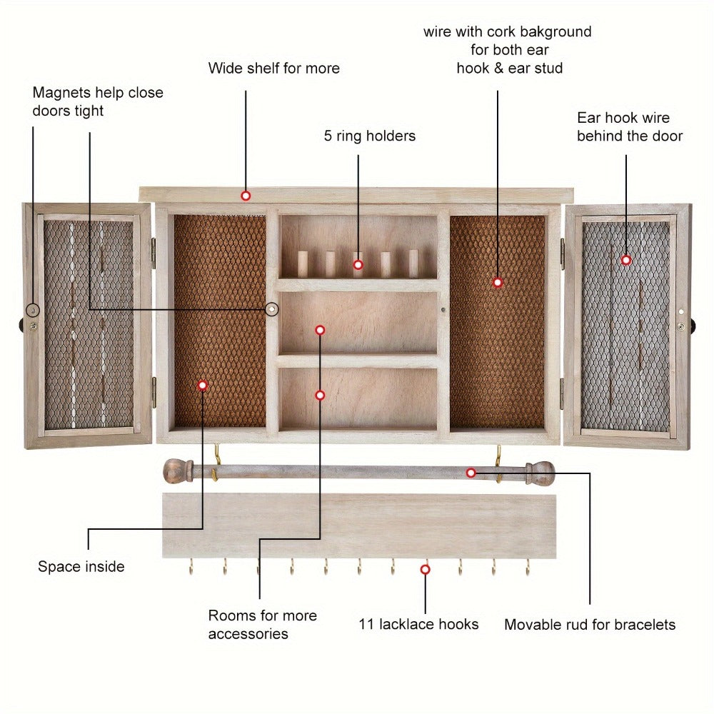 Wall-Mounted Wood Jewelry Organizer – Rustic Hanging Display Shelf with Removable Bracelet Rod & Hooks for Necklaces, Rings & Bracelets, Space-Saving Dressing Room Decor