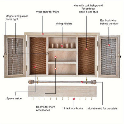 Wall-Mounted Wood Jewelry Organizer – Rustic Hanging Display Shelf with Removable Bracelet Rod & Hooks for Necklaces, Rings & Bracelets, Space-Saving Dressing Room Decor