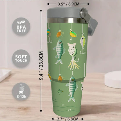 30oz Green Fish-Print Travel Mug with Carry Handle, Straw Lid and Tapered Cup-Holder Base Design
