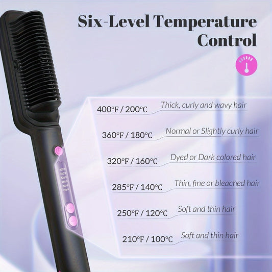 6-Setting Ionic Hair Straightener Brush with Fast Heat-Up & Anti-Scald Protection – Precise Temperature Control Flat Iron Straightening Comb for Women, All Hair Types, Home & Salon Use