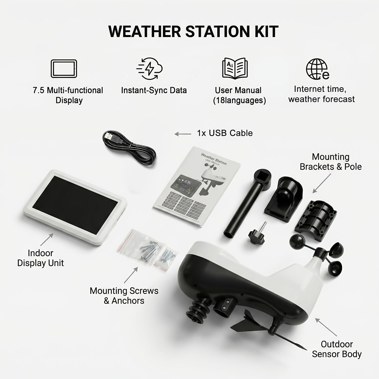 7-in-1 WiFi Weather Station with 7.5-Inch Color Display, Rain Collector, Wind Sensors and Tuya App