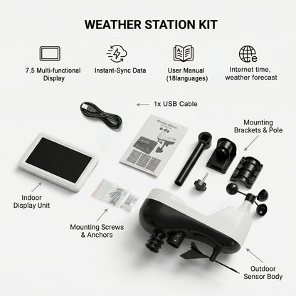 7-in-1 WiFi Weather Station with 7.5-Inch Color Display, Rain Collector, Wind Sensors and Tuya App