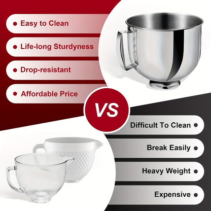 KitchenAid Compatible Stainless Steel Mixer Bowl 5 Quart, 304 Stainless Steel Stand Mixer Bowl with Ergonomic Handle & Spill-Resistant Lid, Oven Safe Replacement Bowl for KitchenAid 4.5-5 QT Tilt-Head