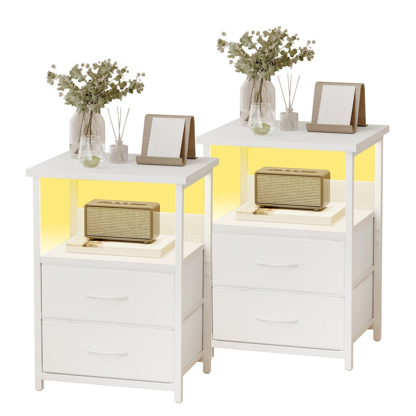 Nightstand Two Fabric Drawers with Charging Station, LED Accent Light and PU or Clear Desktop Options