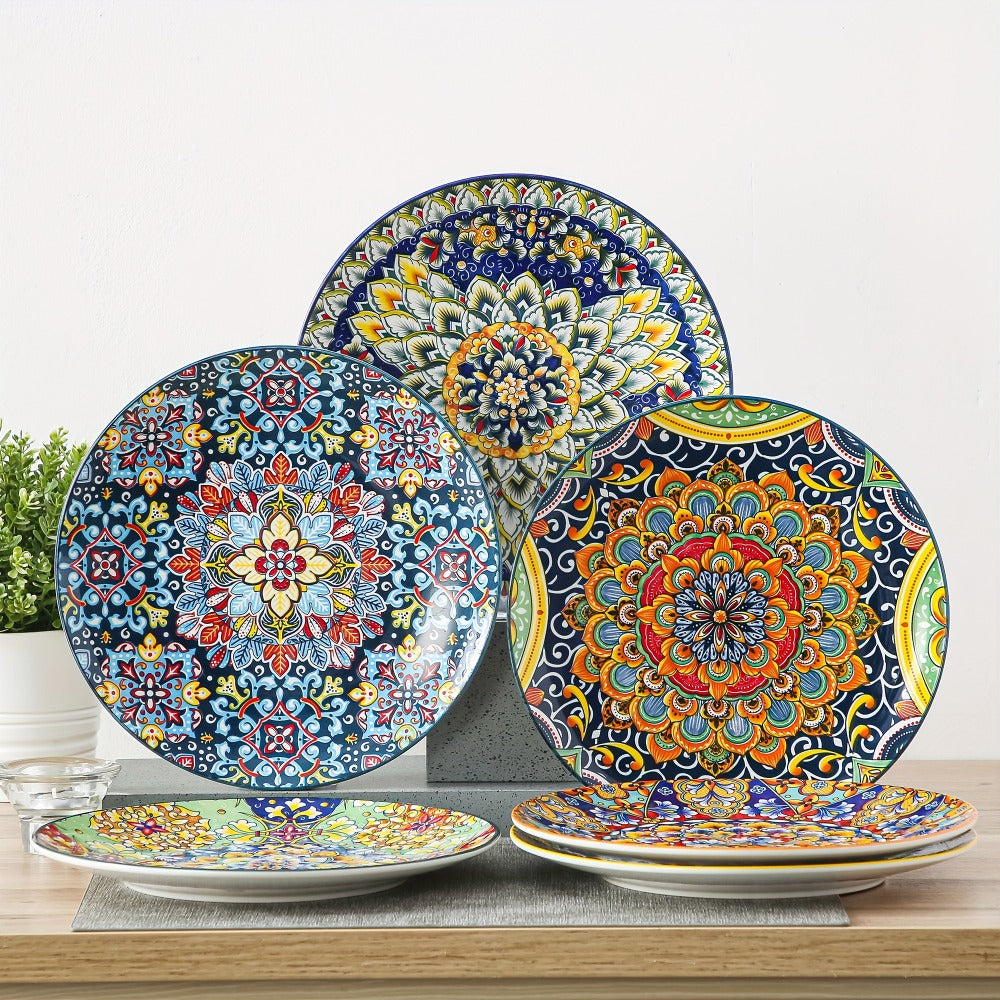 Six-Piece Bohemian Dinner Plate Set with 10.5-Inch Colorful Patterned Plates in Two Style Options