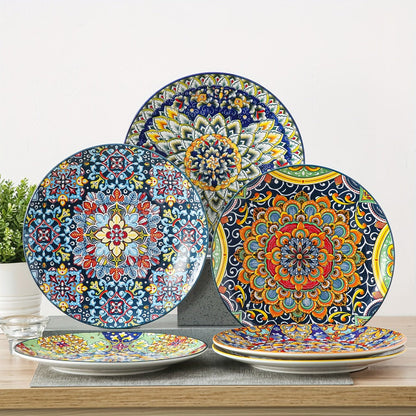 Six-Piece Bohemian Dinner Plate Set with 10.5-Inch Colorful Patterned Plates in Two Style Options