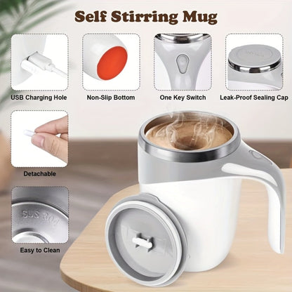 White Self-Stirring Coffee Mug with Magnetic Mixing Piece, Side Button, Lid and 250ml Marking