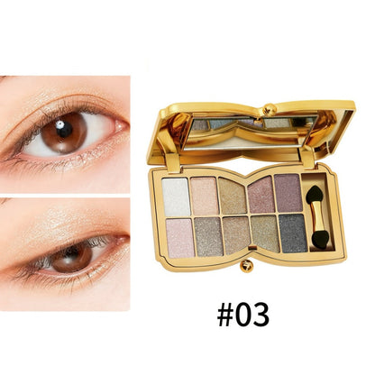 Eyeshadow Palette 10-Shade Gold Bow Compact with Mirror, Dual-Ended Applicator and Three Color Options