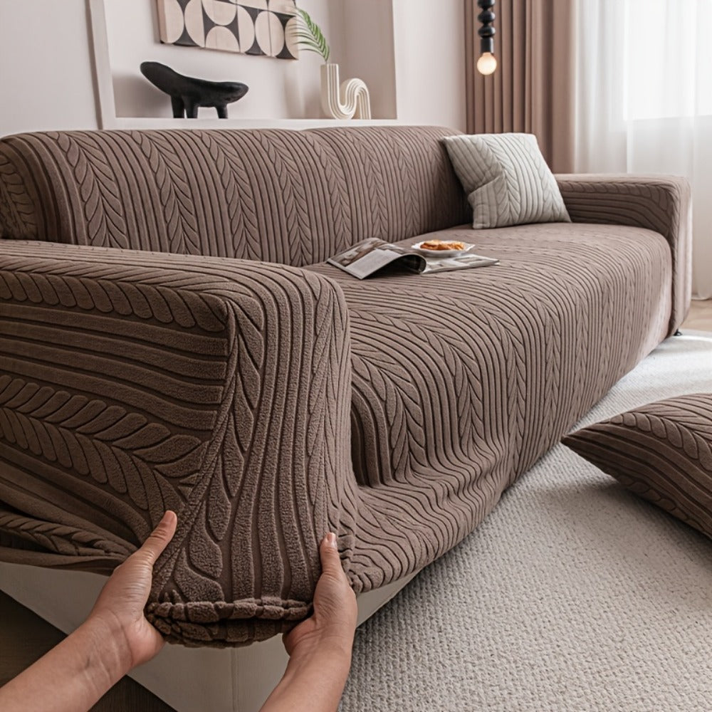 Sofa Cover Elastic Velvet Leaf Jacquard Full-Cover Slipcover with Pillowcase for 1 to 4-Seater Sofas