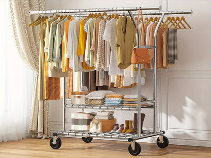 Double-Rod Rolling Garment Rack with Telescoping Extensions, Two Wire Shelves and 74.6-Inch Width